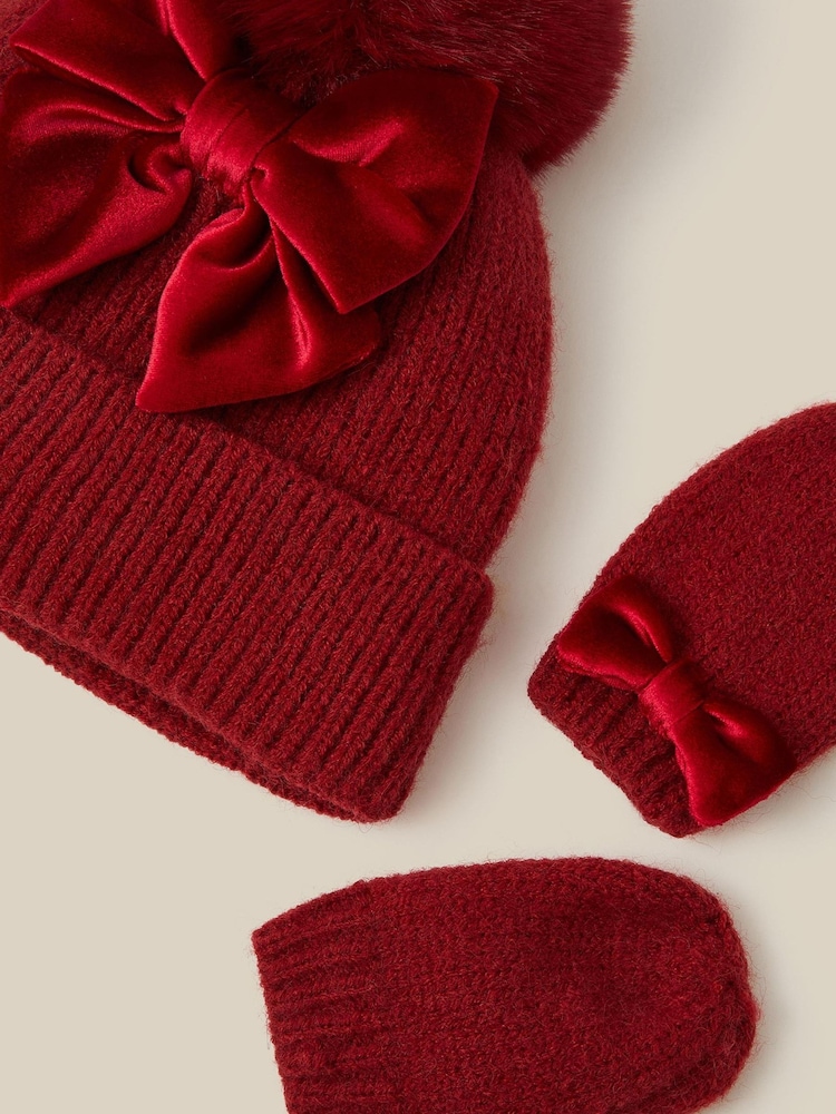 Monsoon Red Baby Bow Beanie Hat & Mittens Set - Image 3 of 3
