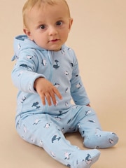 MORI Blue Penguin Print Soft Cotton Pramsuit - Image 1 of 4