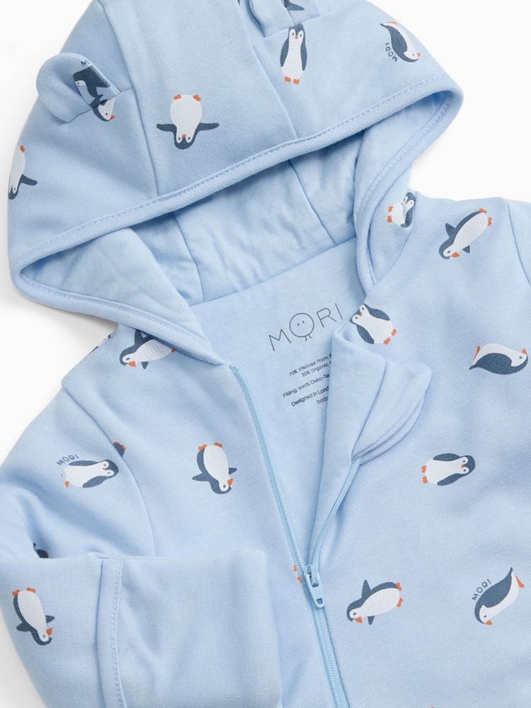 MORI Blue Penguin Print Soft Cotton Pramsuit - Image 4 of 4