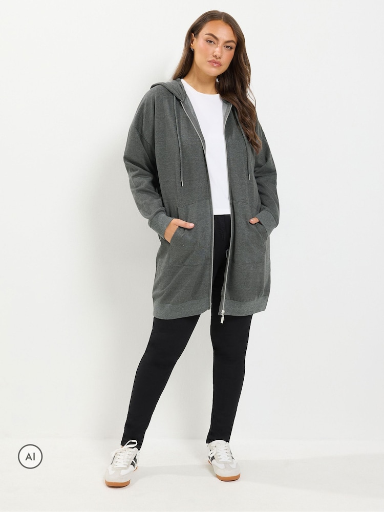 Grey - Yours Curve Longline Zip Through Dukserica sa kapuljačom - Slika 2 od 7