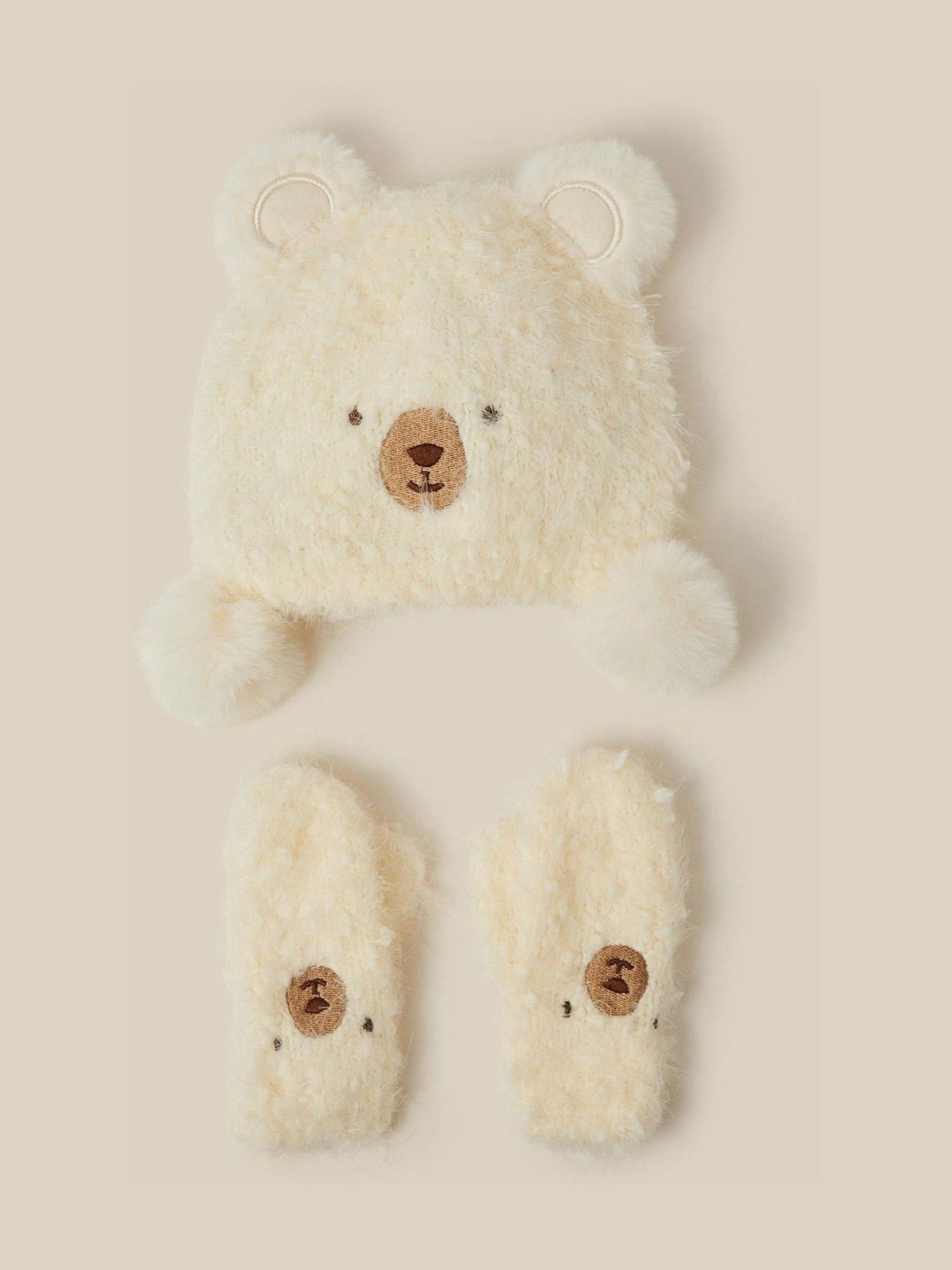 Monsoon Cream Baby Bear Beanie Hat & Mittens Set view 1