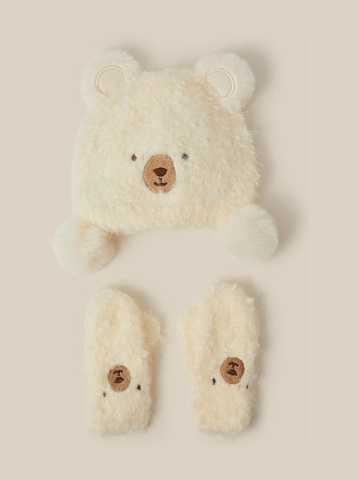 Monsoon Cream Baby Bear Beanie Hat & Mittens Set