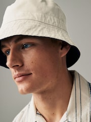Navy Blue/Ecru White Reversible Bucket 100% Cotton Hat - Image 1 of 7