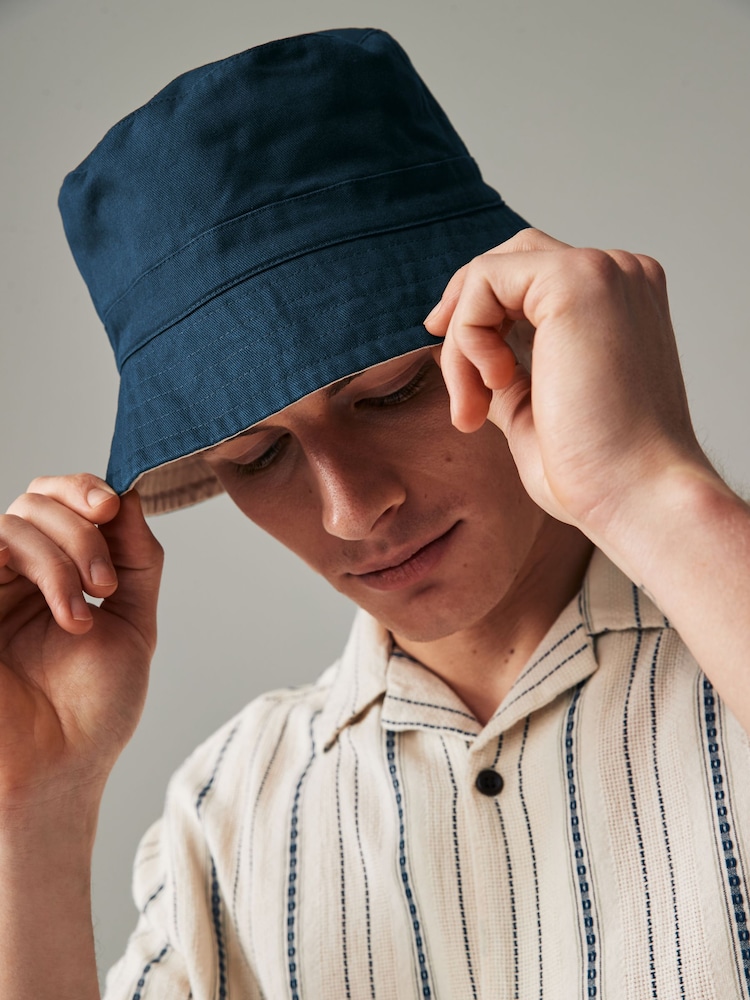 Navy Blue/Ecru White Reversible Bucket 100% Cotton Hat - Image 2 of 7