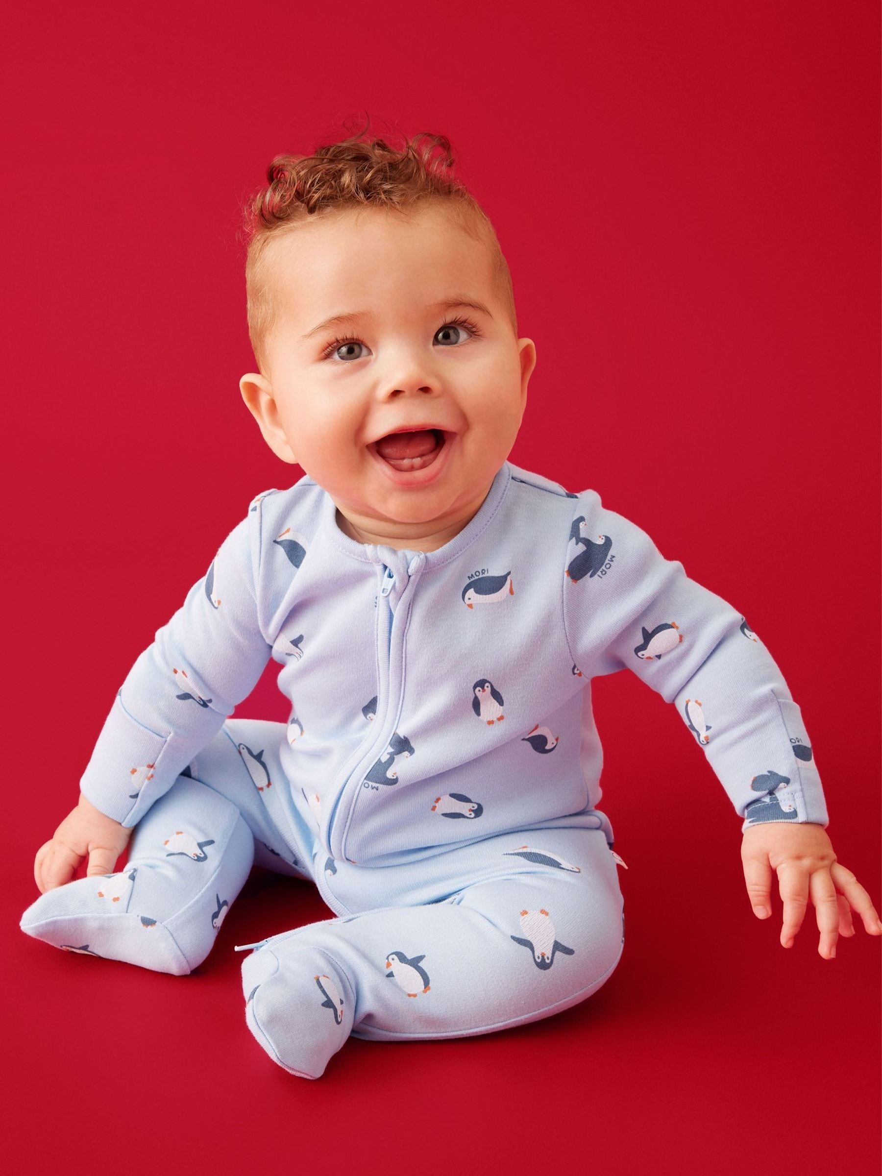 MORI Blue Penguin Print Soft Cotton Two Way Zip-Up Sleepsuit