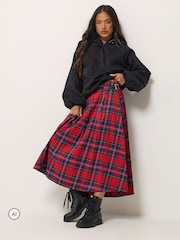 PixieGirl Petite Red Checked Buckle Midi Skirt - Image 1 of 6