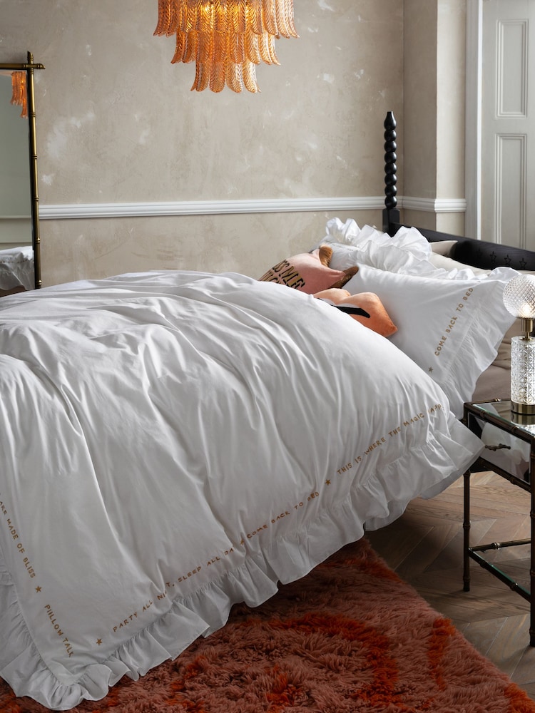 Rockett St George White 200 Thread Count Mega Frill Embroidered 100% Cotton Duvet Cover and Pillowcase Set - Image 1 of 4