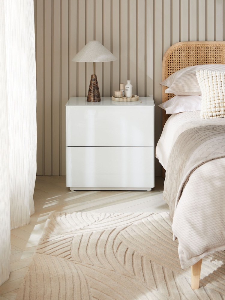 White Sloane Glass Collection Luxe 2 Drawer Wide Bedside Table - Image 2 of 9