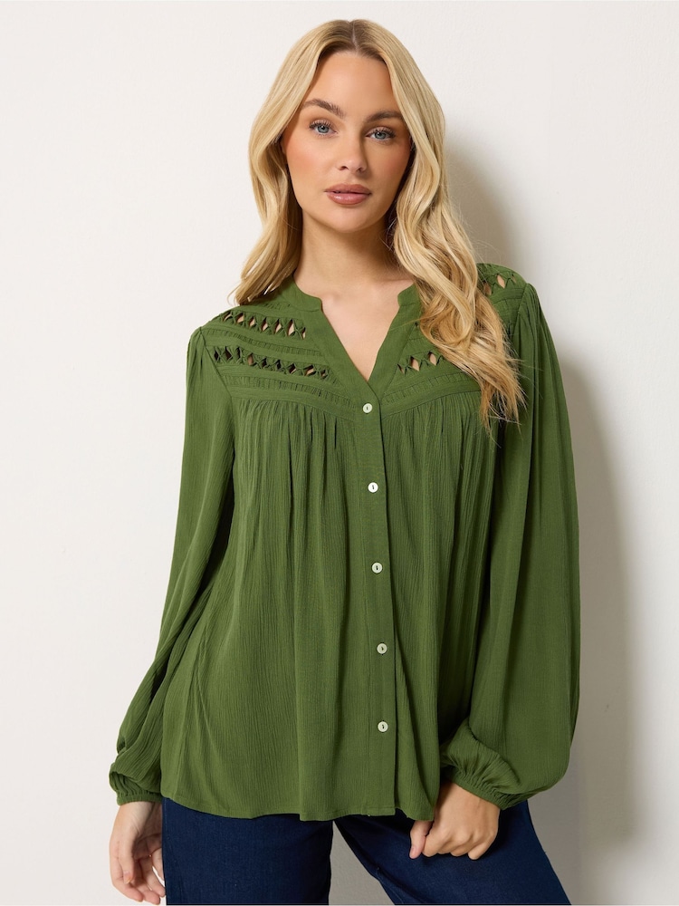 M&Co Green Crochet Insert Long Sleeve Blouse - Image 1 of 6 M&Co Green Crochet Insert Long Sleeve Blouse - Image 1 of 6