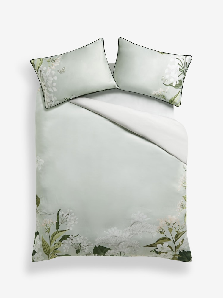 Sage Green 200 Thread Count 100% Egyptian Cotton Sateen Floral Border Duvet Cover and Pillowcase Set - Image 4 of 4