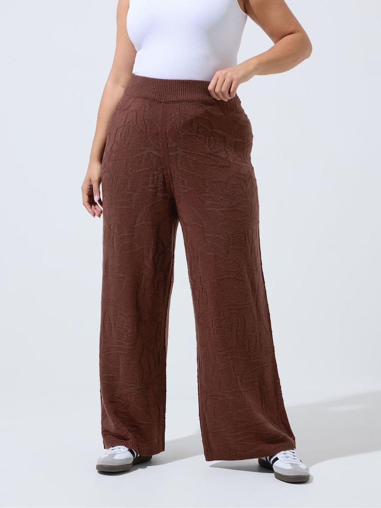 Yours Curve Brown Limited Rose Jacquard Knitted Wide Leg Trousers Co-Ord - Image 2 of 4 Yours Curve Brown Limited Rose Jacquard Knitted Wide Leg Trousers Co-Ord - Image 2 of 4