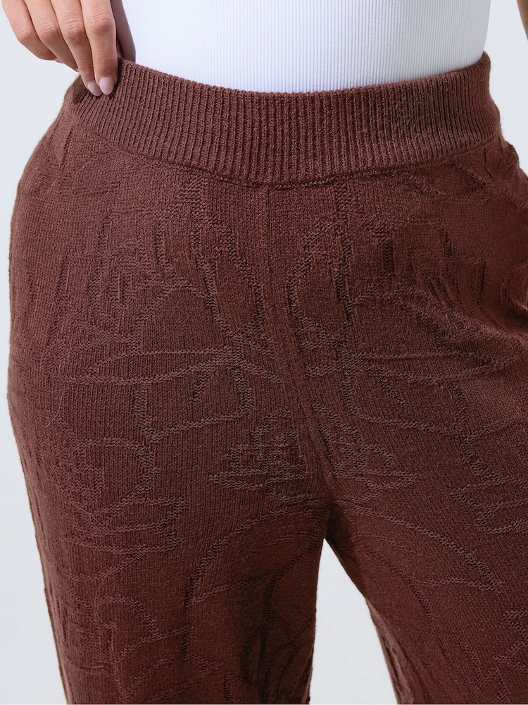 Yours Curve Brown Limited Rose Jacquard Knitted Wide Leg Trousers Co-Ord - Image 4 of 4 Yours Curve Brown Limited Rose Jacquard Knitted Wide Leg Trousers Co-Ord - Image 4 of 4