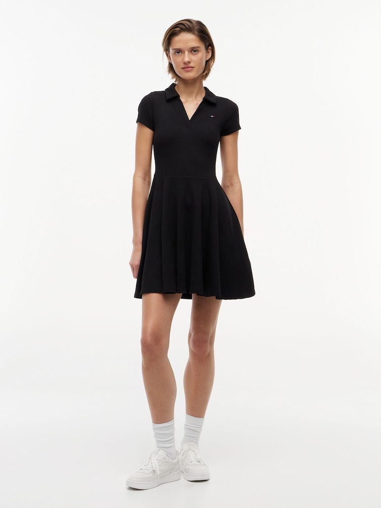 Tommy Jeans Black Ribbed Fit And Flare Mini Polo Dress - Image 1 of 5 Tommy Jeans Black Ribbed Fit And Flare Mini Polo Dress - Image 1 of 5