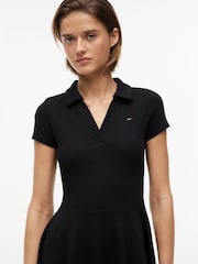 Tommy Jeans Black Ribbed Fit And Flare Mini Polo Dress - Image 3 of 5