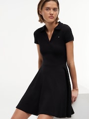 Tommy Jeans Black Ribbed Fit And Flare Mini Polo Dress - Image 4 of 5