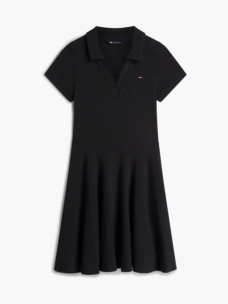 Tommy Jeans Black Ribbed Fit And Flare Mini Polo Dress - Image 5 of 5 Tommy Jeans Black Ribbed Fit And Flare Mini Polo Dress - Image 5 of 5