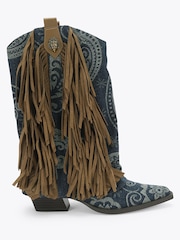 Kurt Geiger London Blue Gaiter Fringe Denim Cowboy Boots - Image 1 of 4