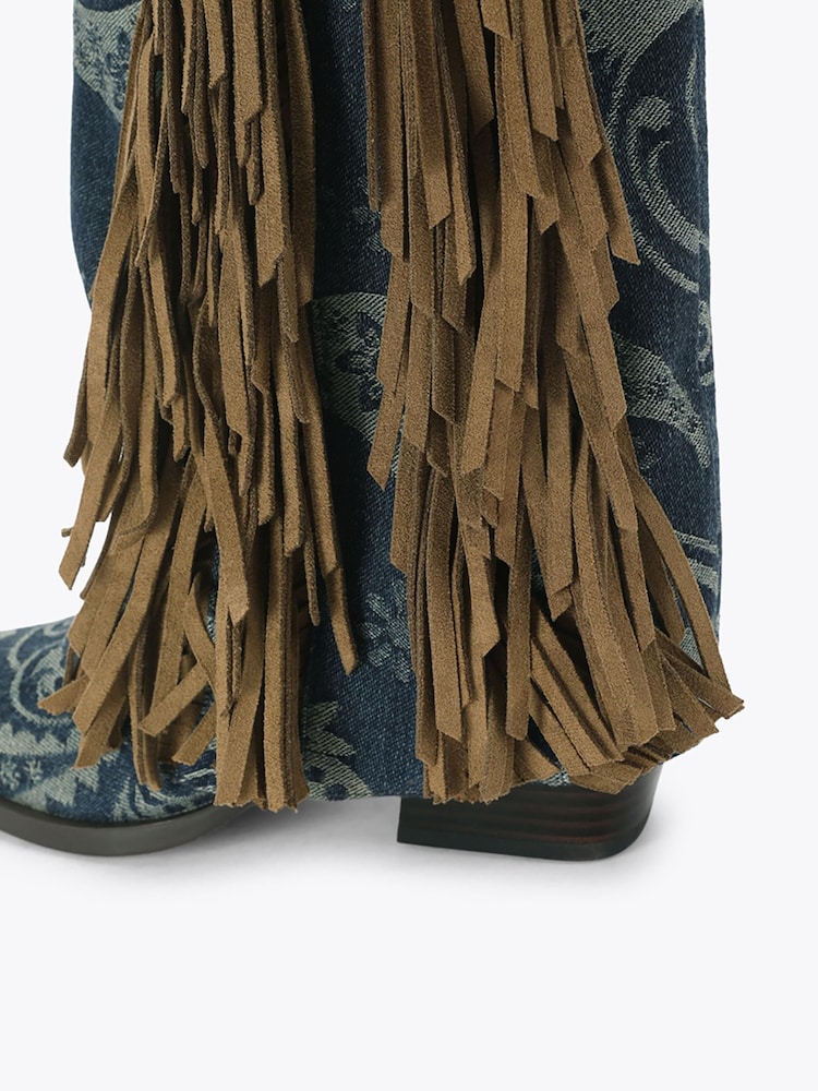 Kurt Geiger London Blue Gaiter Fringe Denim Cowboy Boots - Image 2 of 4 Kurt Geiger London Blue Gaiter Fringe Denim Cowboy Boots - Image 2 of 4