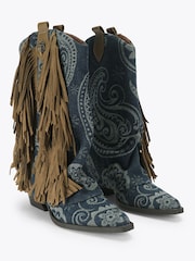 Kurt Geiger London Blue Gaiter Fringe Denim Cowboy Boots - Image 3 of 4