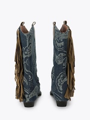 Kurt Geiger London Blue Gaiter Fringe Denim Cowboy Boots - Image 4 of 4