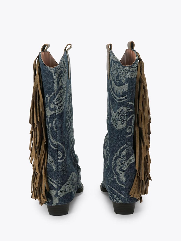 Kurt Geiger London Blue Gaiter Fringe Denim Cowboy Boots - Image 4 of 4 Kurt Geiger London Blue Gaiter Fringe Denim Cowboy Boots - Image 4 of 4