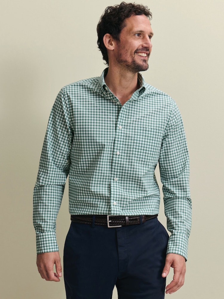 Charles Tyrwhitt Green Gingham Button-Down Stretch Washed Poplin Slim Fit Shirt - Image 1 of 5 Charles Tyrwhitt Green Gingham Button-Down Stretch Washed Poplin Slim Fit Shirt - Image 1 of 5
