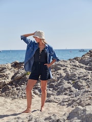 Navy Blue Linen Blend Boy Shorts - Image 2 of 6
