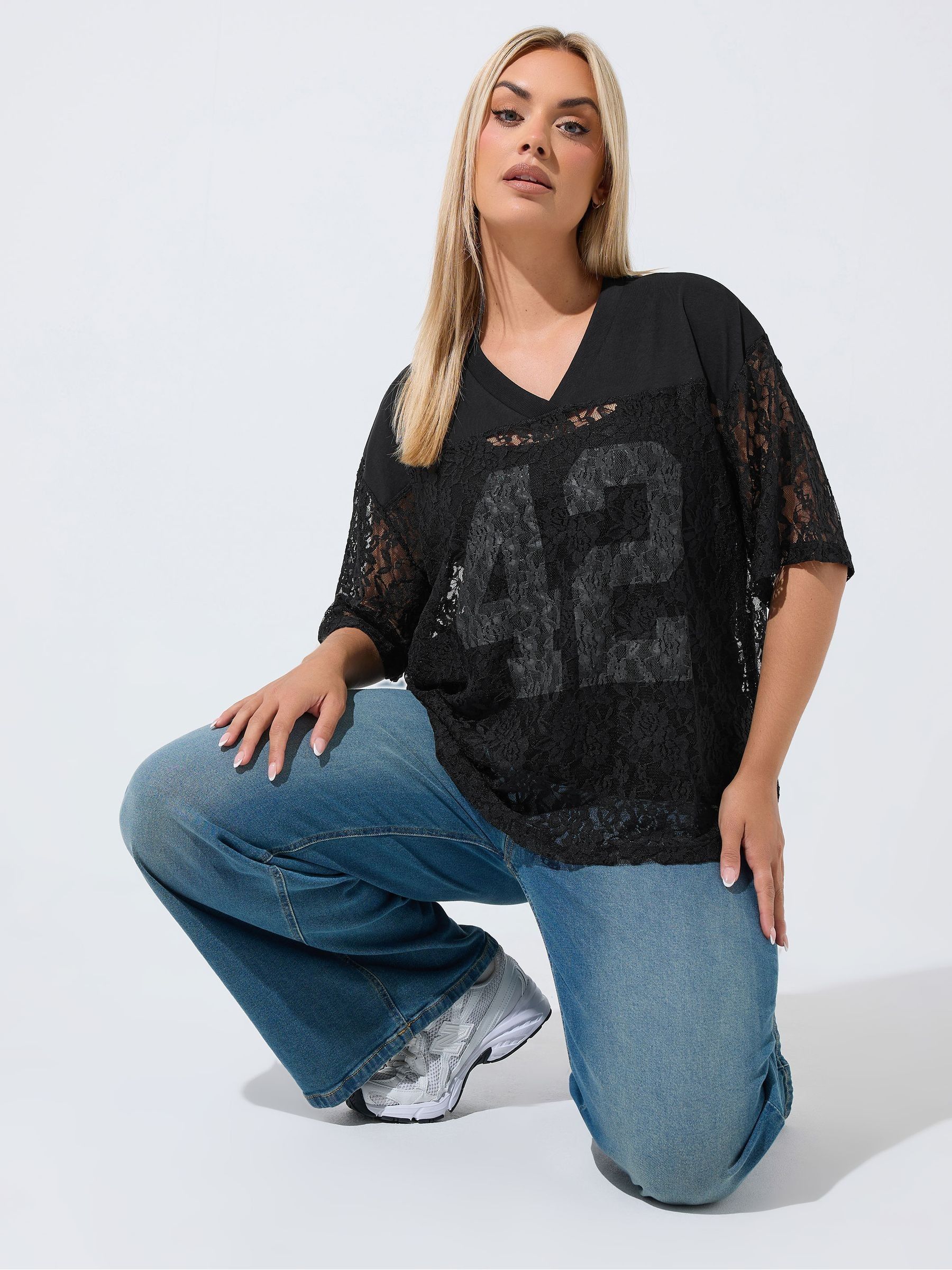 Yours Women's Black Lace V-Neck T-Shirt In | : 22/24 - Image 1