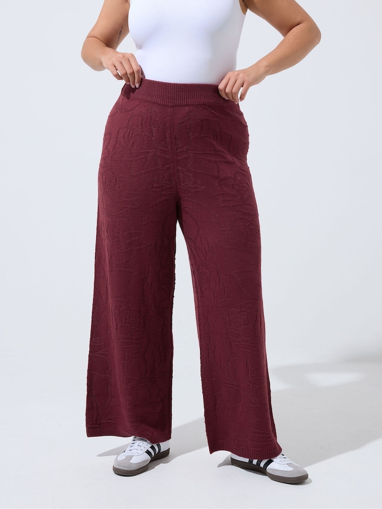 Yours Curve Red Limited Rose Jacquard Knitted Wide Leg Trousers Co-Ord - Image 2 of 6