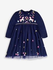 JoJo Maman Bébé Navy Unicorn Embroidered Party Dress - Image 1 of 6