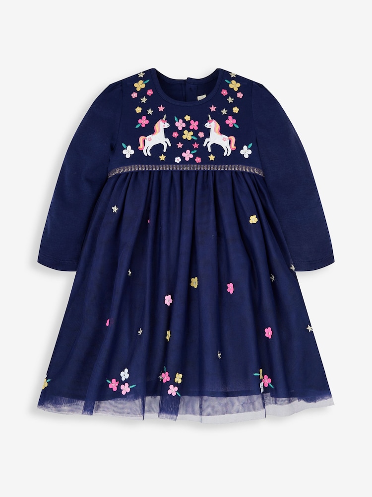JoJo Maman Bébé Navy Unicorn Embroidered Party Dress - Image 1 of 6