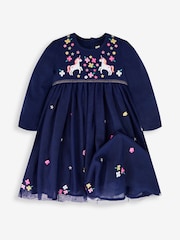 JoJo Maman Bébé Navy Unicorn Embroidered Party Dress - Image 2 of 6