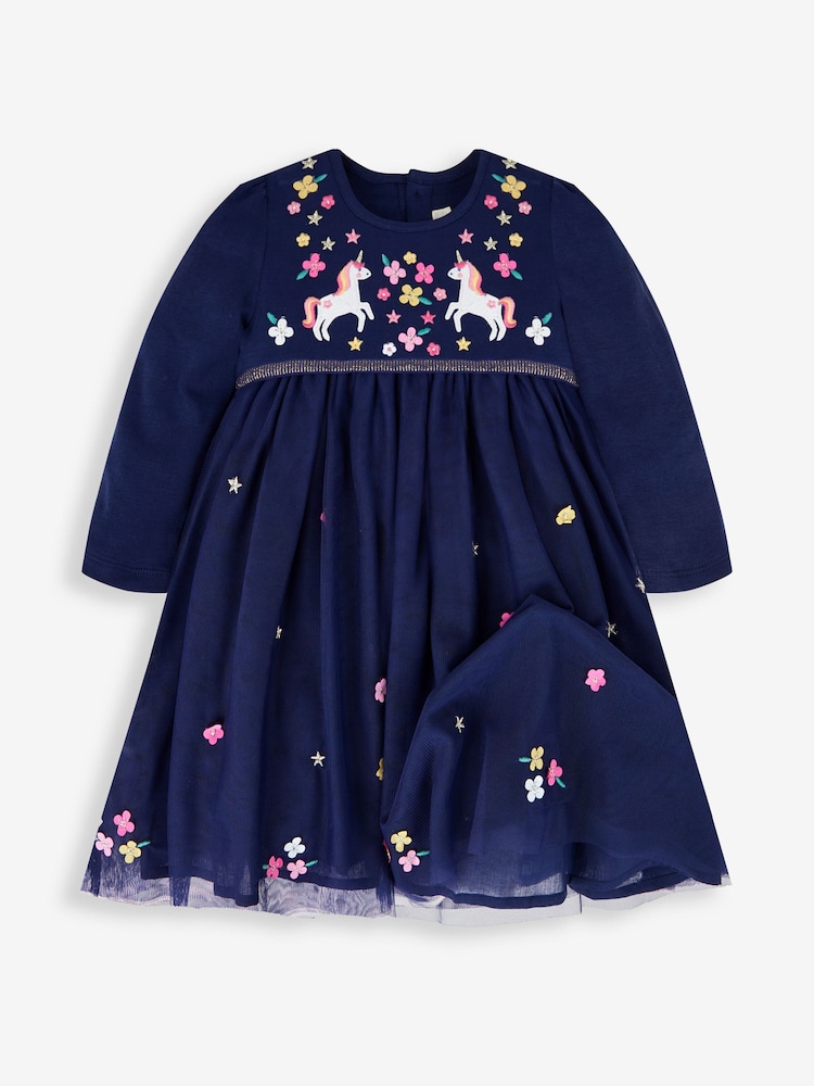 JoJo Maman Bébé Navy Unicorn Embroidered Party Dress - Image 2 of 6