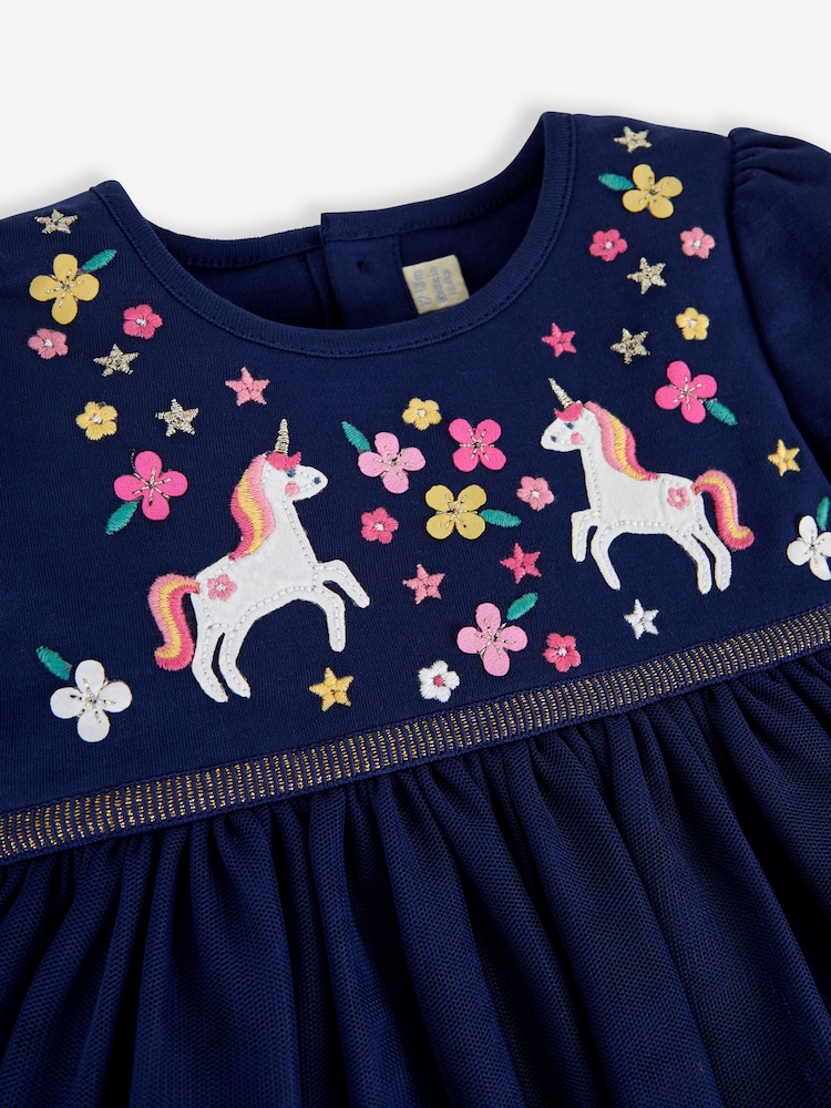 JoJo Maman Bébé Navy Unicorn Embroidered Party Dress - Image 3 of 6