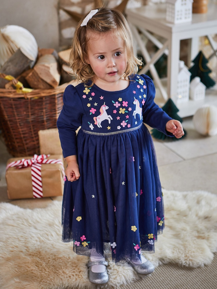 JoJo Maman Bébé Navy Unicorn Embroidered Party Dress - Image 5 of 6