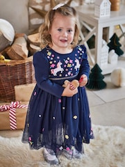 JoJo Maman Bébé Navy Unicorn Embroidered Party Dress - Image 6 of 6