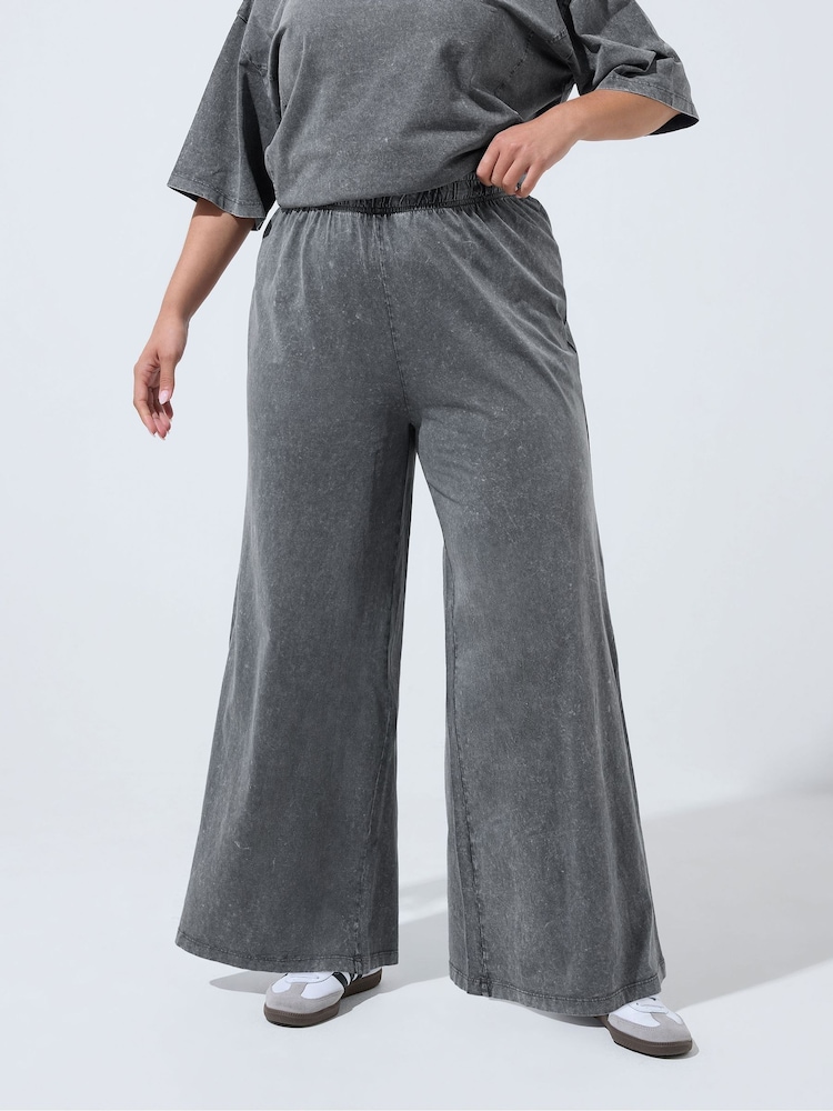 Yours Curve Grey Limited Acid Wash Wide Leg Co-Ord Trousers - Image 1 of 6