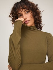 Hunkemoller Dark Olive Green Supersoft Turtleneck T-Shirt Thermal Base Layer With Cashmere - Image 1 of 5