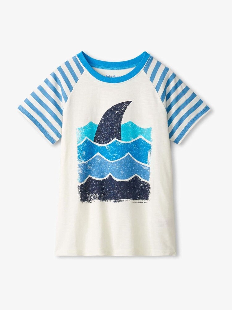 Hatley Shark Fin Waves Raglan 100% Cotton White T-Shirt - Image 1 of 6