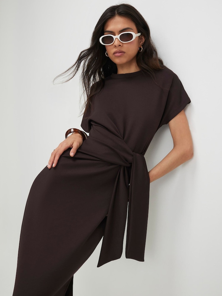 River Island Brown Premium Short Sleeve Tie Side Midi Dress - Image 1 of 4 River Island Brown Premium Short Sleeve Tie Side Midi Dress - Image 1 of 4