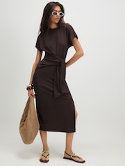 River Island Brown Premium Short Sleeve Tie Side Midi Dress - Image 3 of 4