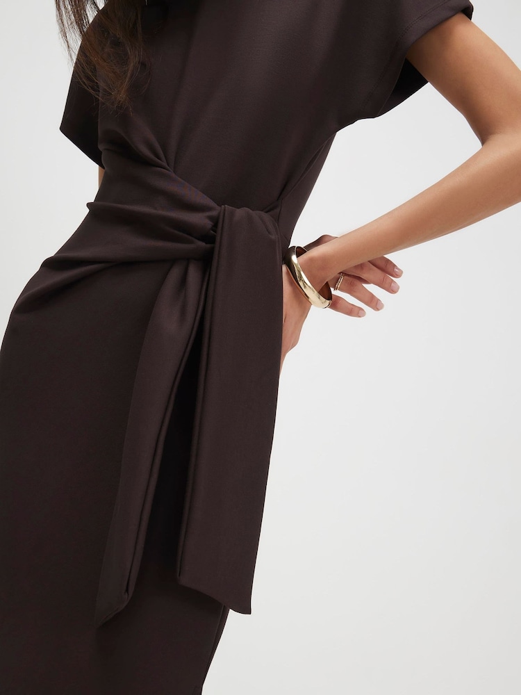 River Island Brown Premium Short Sleeve Tie Side Midi Dress - Image 4 of 4 River Island Brown Premium Short Sleeve Tie Side Midi Dress - Image 4 of 4
