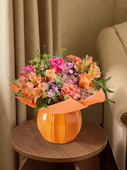 Rose and Carnation Autumn Flowers in Pumpkin Vase - Image 1 of 4