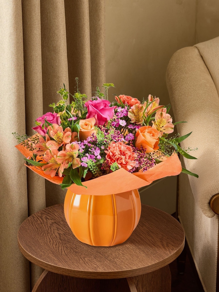 Rose and Carnation Autumn Flowers in Pumpkin Vase - Image 1 of 4 Rose and Carnation Autumn Flowers in Pumpkin Vase - Image 1 of 4