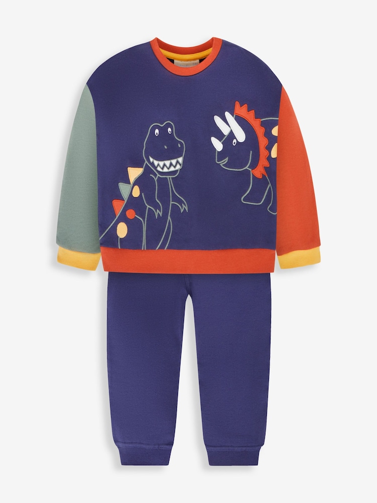 JoJo Maman Bébé Navy Blue Dino Appliqué Jersey Sweatshirt & Leggings Set - Image 1 of 5
