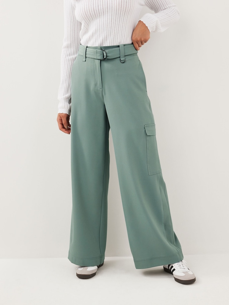 Enteneiblau - Elegante Cargohose mit Gürtel und weitem Bein​​​​​​​ - Bild 1 von 7