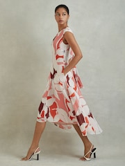 Reiss Red Becci Printed Open Back Midi Dress - Image 1 of 6
