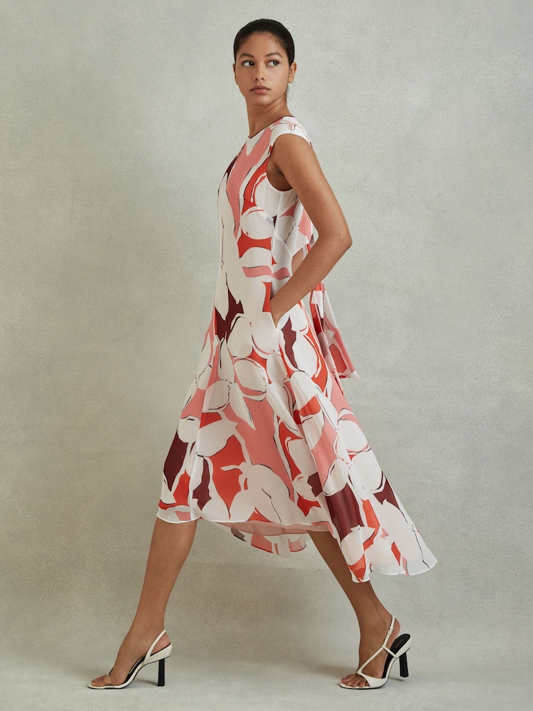 Reiss Red Becci Printed Open Back Midi Dress - Image 1 of 6