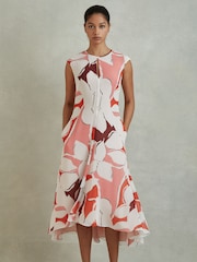 Reiss Red Becci Printed Open Back Midi Dress - Image 3 of 6