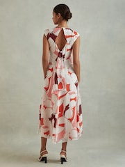 Reiss Red Becci Printed Open Back Midi Dress - Image 4 of 6